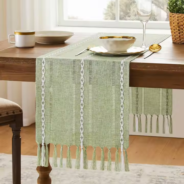 Camino de mesa de 183 cm, algodón y linoCamino de mesa rústico - Bordado a rayas verde salviaCamino de mesa decoración rústica para el hogar - 1