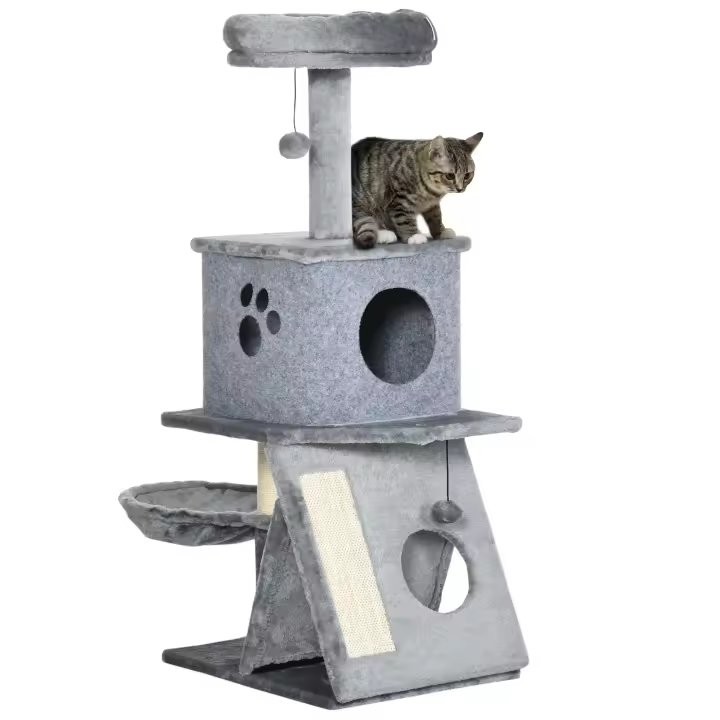 PawHut Árbol Rascador para Gatos Altura 111 cm Torre para Gatos con Cama Cueva Hamaca Bola Colgante Postes y Rampa de Sisal 50x40x111 cm Gris - 1