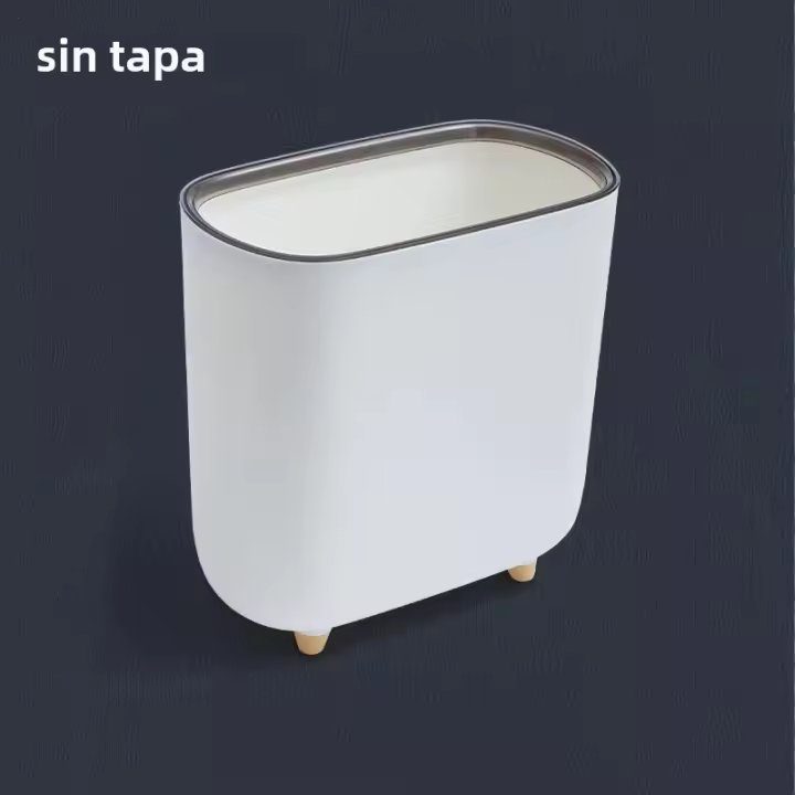 Bote de basura con anillo de prensa de forma estrecha con tapa para espacio de baño, resaltando las características de la clasificación de basura - 1