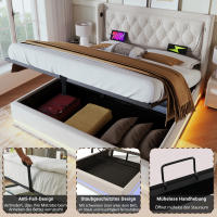 Cama Doble Tapizada en Algodón Beige 180x200 cm | Cama Hidráulica with Espacio de Almacenamiento | Cabecero with Cargas USB Typo-C | Iluminación LED en Tres Lados | Sin Colchón Includo | Diseño Moderno para Habitación principal - details 3