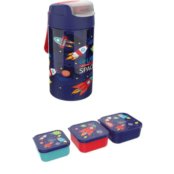 Pret Pack Escolar Personalizado con Nombre Desayuno o Merienda Infantil Botella y set de 3 Tuppers Diferentes Tamaños Cajas Porta Alimentos para Niños y Niñas Modelo Space - 1