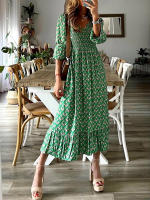 Vestido Largo Para Mujer Con Estampado Verde Y Acolchado Estilo Europeo Otoño 2024 Moda Oficina Lady Cuello V Manga Puff Polyester - details 9