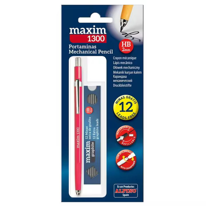 Portaminas Maxim 1300 2mm HB + 12 Minas - Alpino: Lápiz mecánico para dibujo y escritura con minas adicionales - 1