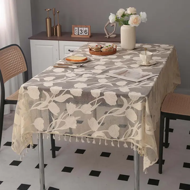 Mantel de borlas simple, mantel rectangular de encaje para el hogar, mantel de mesa de centro no lavable, beige, 140*180cm - 1