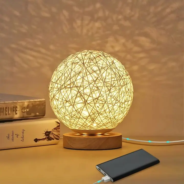 Luz nocturna de ratán, lámpara de mesa de madera con pantalla tejida a mano, recargable por USB, lámpara de ambiente de ratán y madera para dormitorio, sala de estar, blanco - 1