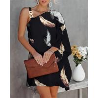 Vestido De Hombros Descubiertos Para Mujer Verano Estampado Moderno Con Cuello Diagonal Y Manga Bate Con Cordón Metálico Vestido Suelto De Color Sólido Para Oficina - details 5
