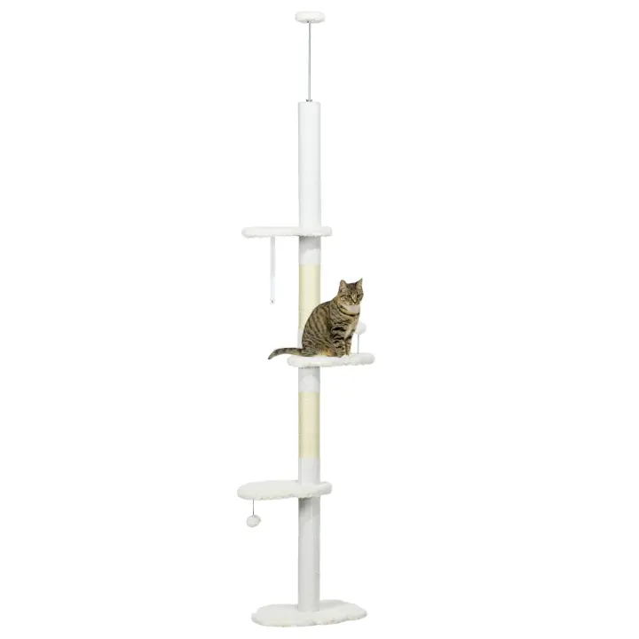 PawHut Árbol para Gatos de Suelo a Techo de 225-255 cm Torre para Gatos de Suelo a Techo Ajustable en Altura con 3 Plataforma de Forma de Ola Postes Rascadores y 1 Bola cm Blanco - 1