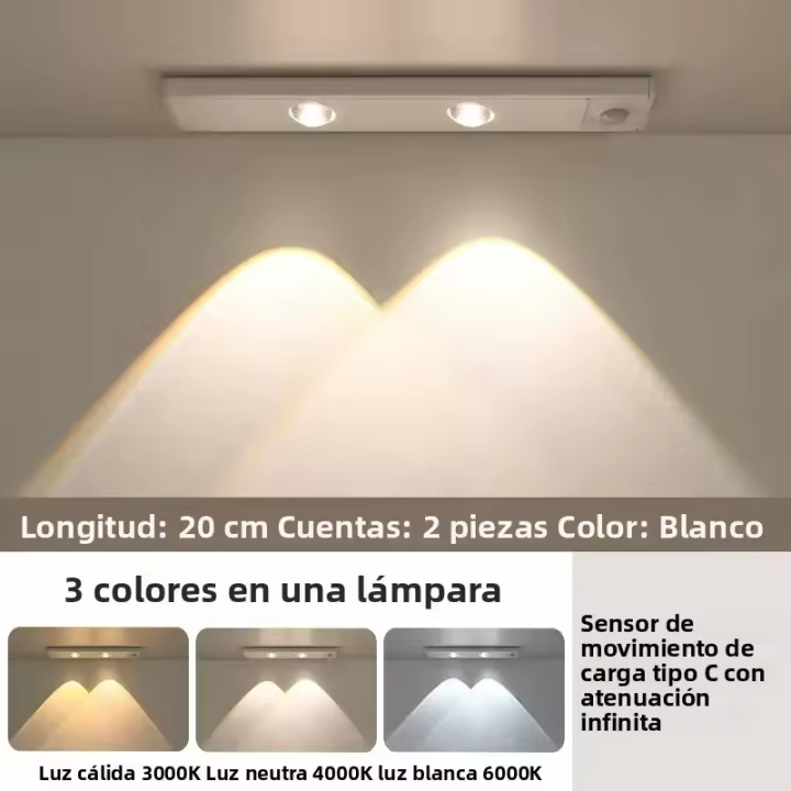 Luz LED Blanco/ Negro Recargable Por USB Con Sensor De Movimiento Para Iluminación De Armarios Y Cocinas Tamaños 20CM/30CM/40CM/50CM - 1