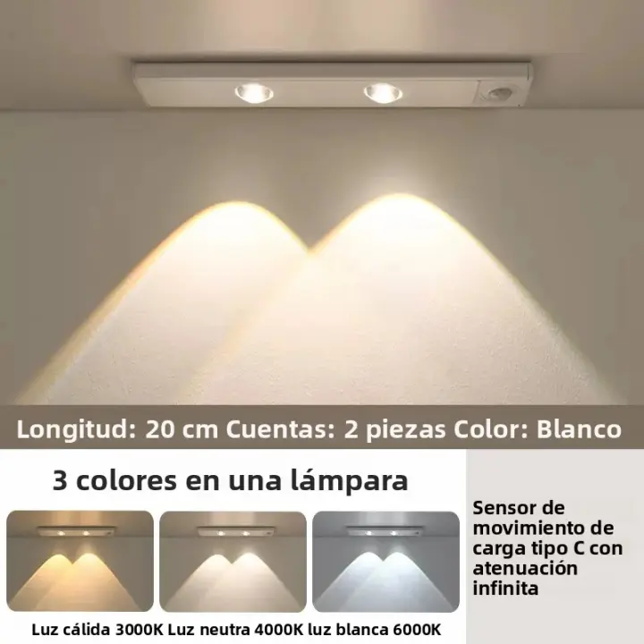 Luz LED Blanco/ Negro Recargable Por USB Con Sensor De Movimiento Para Iluminación De Armarios Y Cocinas Tamaños 20CM/30CM/40CM/50CM - 1