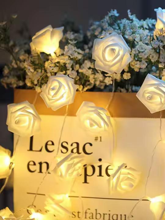 1Pack 10/20 Led Luz De Flores Blancas En Forma De Rosas Operadas Por Batería Para Decoración De Fiestas De Cumpleaños Boda Casero En Día De San Valentín - 1