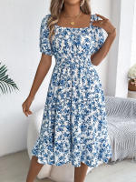 Vestido Elegante De Primavera Y Verano Para Mujer Con Estampado Floral Cuello Cuadrado Manga Corta Volante Al Borde Vestido A-Line De Rodilla Casual - details 11