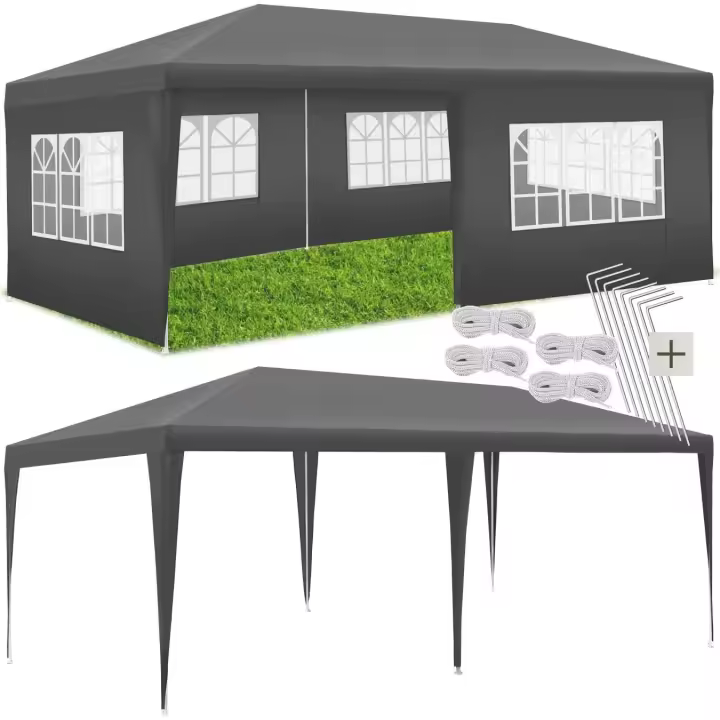 Carpa Desmontable, con 5 Paneles Laterales Desmontables, Protección a la Intemperie, Cenadores para Jardin, Playa, Cuerdas Tensoras y Piquetas, Carpas para Exteriores - 6x3 m Gris - 1