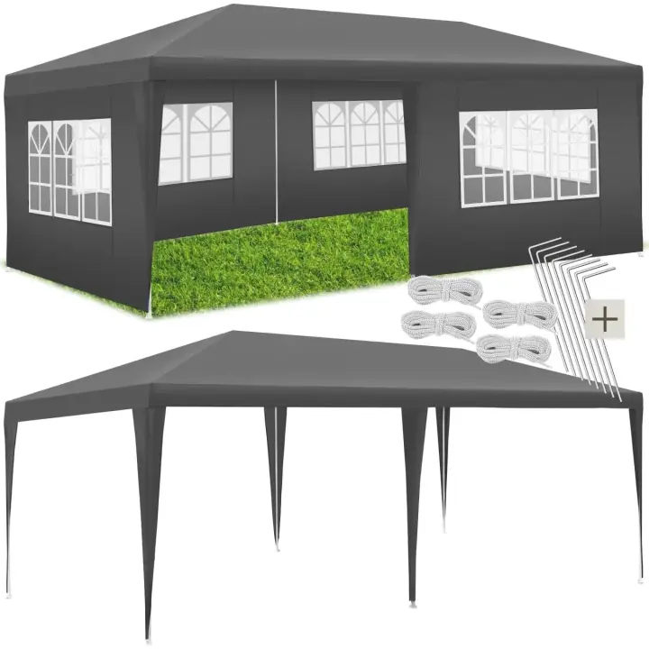 Carpa Desmontable, con 5 Paneles Laterales Desmontables, Protección a la Intemperie, Cenadores para Jardin, Playa, Cuerdas Tensoras y Piquetas, Carpas para Exteriores - 6x3 m Gris - 1
