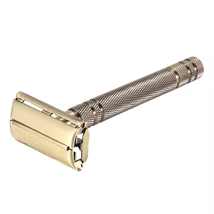 Afeitadora Manual Clásica De Doble Cara Para Hombres YINTAL Cuchilla De Seguridad Con Mango Largo Bronce Recambiable Para Cabello Y Barba - 1