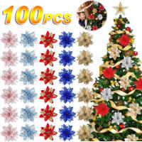 100pcs Flores De Navidad Con Brillo Árboles De Navidad Decoraciones De Flores Artificiales De 14 Cm Para El Hogar Año Nuevo 2024 - details 0