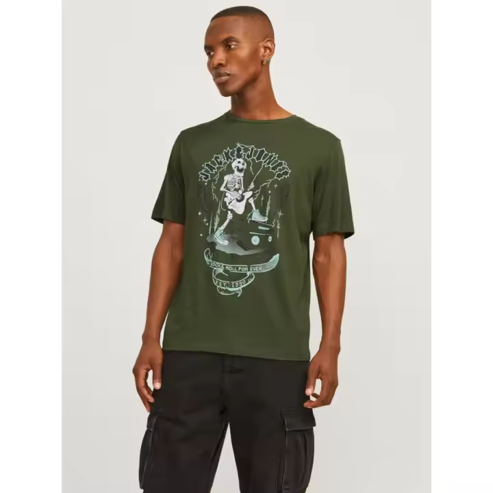 Jack & Jones Skull Rock Camiseta Manga Corta Color Verde Oscuro - Suave, Perfecto Para El Uso Diario - 1