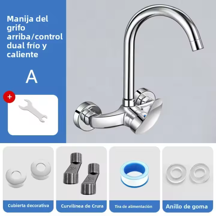 Grifo De Cocina De Pared Con Agua Caliente Y Fría Grifo Mezclador De Cobre Para Lavabo Lavandería Balcón Valvula De Agua Universal - 1
