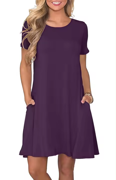 Vestido Mini A-Line De Cuello Redondo Solado Casual Con Bolsillos Vestido De Polyester Spandex Estilo Casual Silueta A-Line - 1