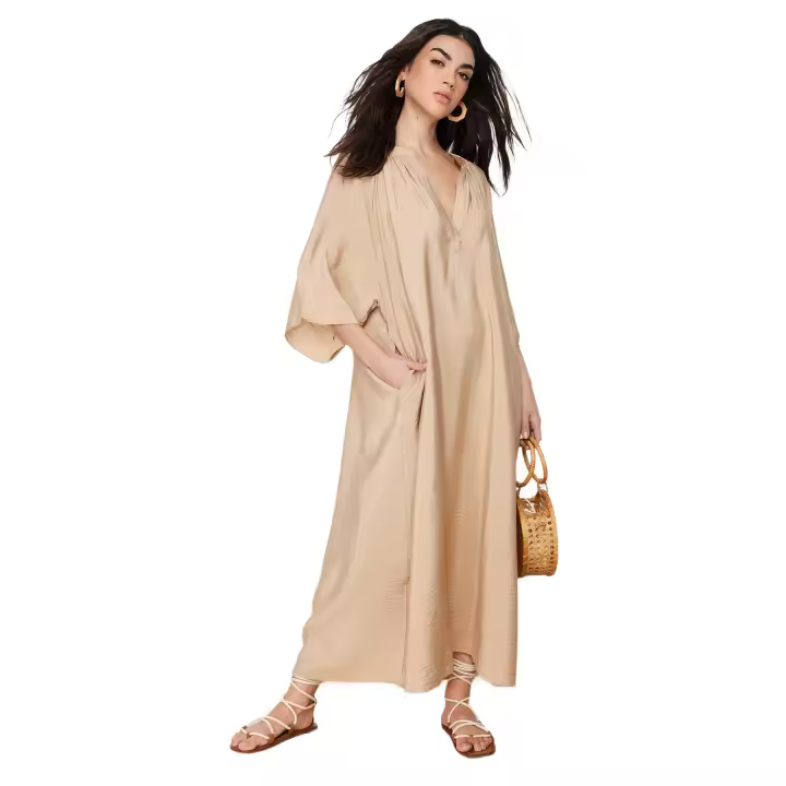 Trendyol Fuchsia V Neck Half Sleeve Aerobin Woven Kimono & Kaftan Dress Jalabiya Tctss24Kk00002 - 1