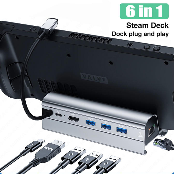 Om Home BLUEKAKA Steam Deck Dock 6 en 1 Steam Deck Rog Ally, estación de acoplamiento, soporte, accesorios, 3 x USB 3,0 HDMI 4K @ 60Hz GigaEthernet PD 60W Hub
