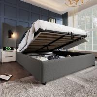 Cama tapizada Twin 160x200 with Luz de Lectura y Carga USB Typo-C, somier de almacenamiento with listones de Madera maciza y metal, Gris, Linen (cojín no incluido). - details 5