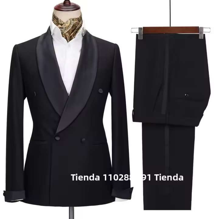 Traje Nueva 2024 Para Hombre Negro De Satén Con Papel Tuxedo 2 Piezas Doble Breasted Traje De Boda Común Para Fiesta Traje De Costumbre Para Novio Male Wear - 1