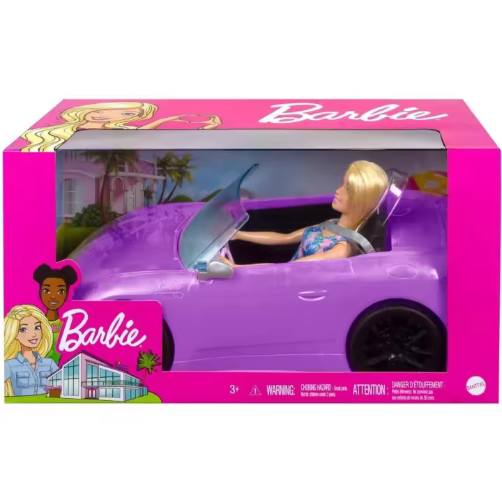 Barbie y su coche Descapotable violeta coche con muñeca, Mattel HBY29 - 1