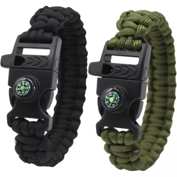 2PCs pulsera trenzada paracord pulsera de supervivencia al aire libre multifunción paracord silbato brújula actividades al aire libre, nylon - 1