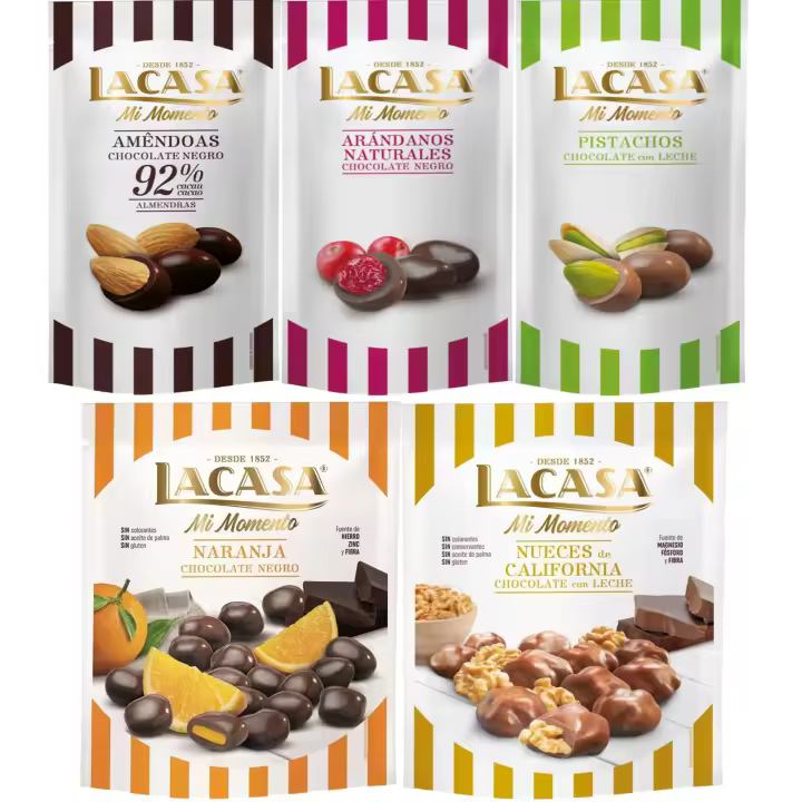 Lacasa Mi Momento pack de 5:Arándano  Negro 60 G,Pistacho  Leche 50 G,Almendra 92% 65 G,Nueces  Leche 115 G,Naranja  Negro 125 G - 1