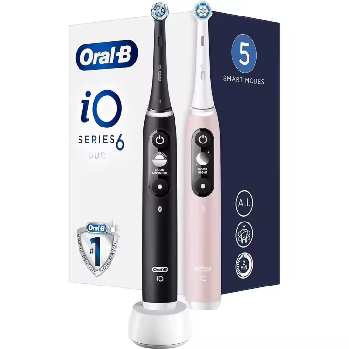 Oral-B iO 6 Duo - Cepillo de dientes, eléctrico, recargable, con 2 mangos, inteligencia artificial, 2 cabezales, negro y cuarzo rosa - 1