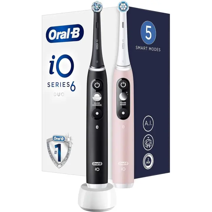 Oral-B iO 6 Duo - Cepillo de dientes eléctrico, recargable, con 2 mangos, inteligencia artificial, 2 cabezales. Disponible en color negro y cuarzo rosa - 1