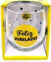 Vaso de vidrio con la frase "Feliz Jubilado" y elementos decorativos - details 0