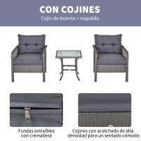 Outsunny Conjunto de Muebles de Ratán 3 Piezas de Jardín con 2 Sillones 65x66x75 cm y Mesa de Vidrio Templado 50x50x50 cm con Cojines Acolchados para Terraza Patio Exterior Gris - details 5