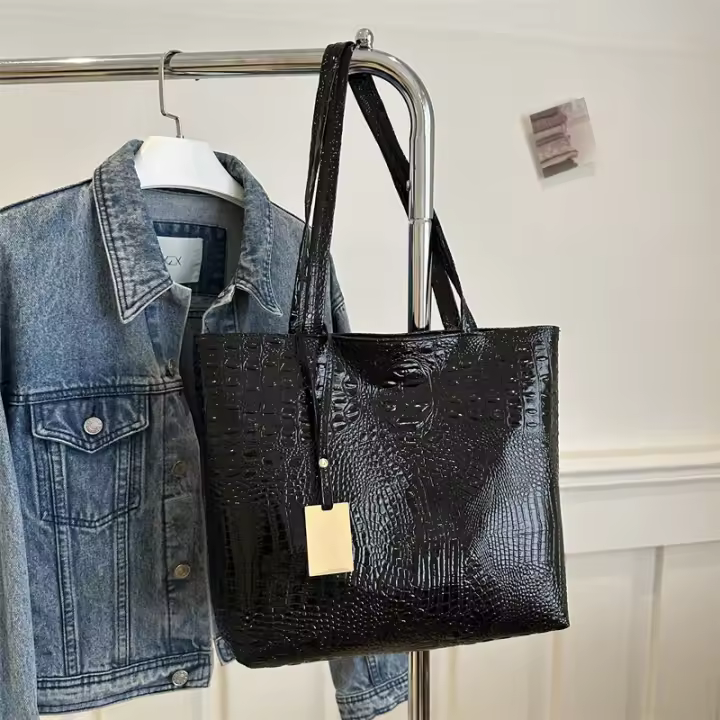 Bolso De Hombre Para Mujer Moda Casual PU Cuero Negro Plata Oro Estilo Crocodiloid Bolso Grande Capacidad Bolso de Mano Las Señoras Bolsos - 1