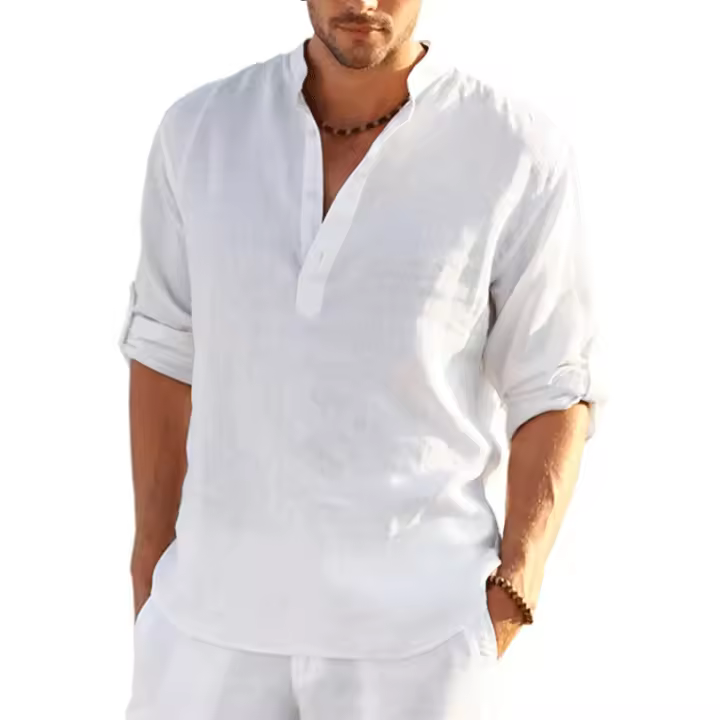 Nueva Camiseta de manga Larga de Lino para hombre, Camisa informal holgada de Color sólido, Camisa de Lino de Algodón de manga Larga - 1