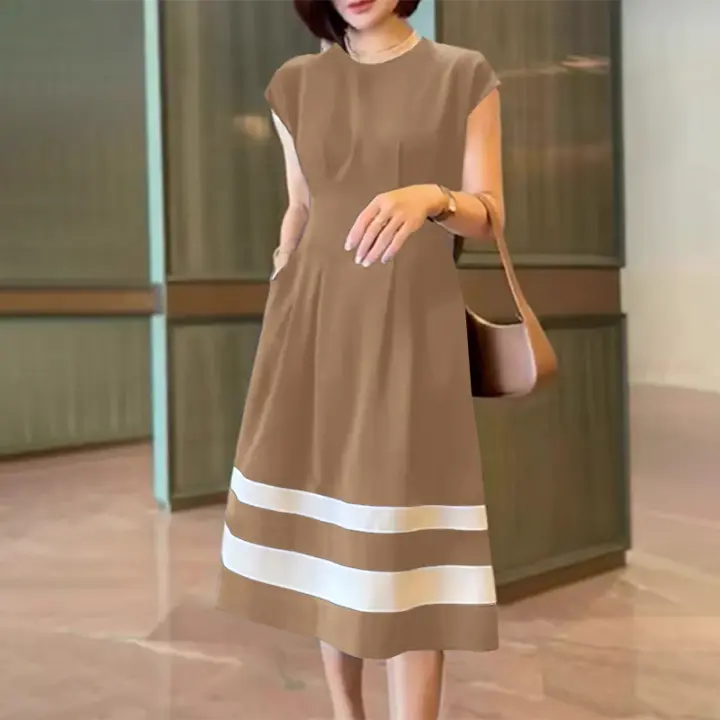 ZANZEA Vestido Midi Para Mujer Estilo Casual Colorbloqueado Verano Cuello Redondo Manga Corta Ajustado A-Line Longitud Media-Calf - 1