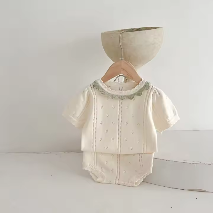 SP Conjunto De Ropa Para Bebe De Verano Con Camiseta De Tejido Hueco Y Shorts 2 Piezas Traje Para Niños Material Algodón Casual - 1