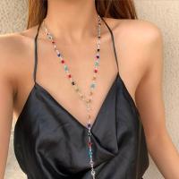 Bohemian Colorful Long Y Shape Necklace, Women's Vintage Gold Metal Crystal Pendant Necklace, Summer Holiday Jewelry Gift - details 2