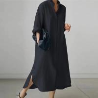 Vestido Largo Elegante Para Mujer Con Cuello Enrollado Y Abertura Casual A-Line Sólido Moda Solapa Simple Suéter Vestido De Manga Regular De Poliéster Con Estiramiento Leve - details 4