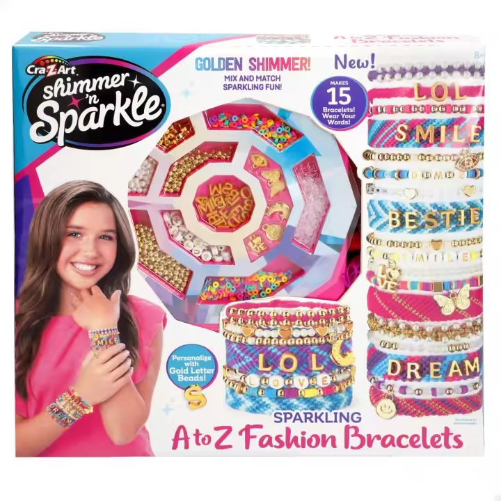Cra-Z-Art Shimmer N Sparkle - Kit para hacer pulseras, juego de pulseras para niñas, incluye abalorios brillantes, perlas, cuentas heishi, alfabeto, cuentas geométricas de colores, manualidades niña, juguetes de niñas de 8 años - 1
