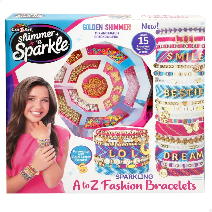 Cra-Z-Art Shimmer N Sparkle - Kit para hacer pulseras, juego de pulseras para niñas, incluye abalorios brillantes, perlas, cuentas heishi, alfabeto, cuentas geométricas de colores, manualidades niña, juguetes de niñas de 8 años - 1