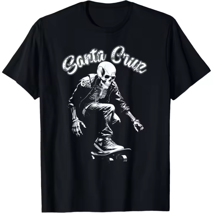 Camiseta de Manga Corta, 100% Algodón, Ropa Unisex para Hombres y Mujeres en 5 Tallas, Camiseta Negra, Skeleton Surfing Skateboard T-shirt in Santa Cruz, California - 1