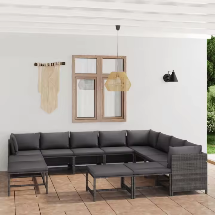 vidaXL Set de muebles de jardín 12 pzas y cojines ratán sintético gris - 1