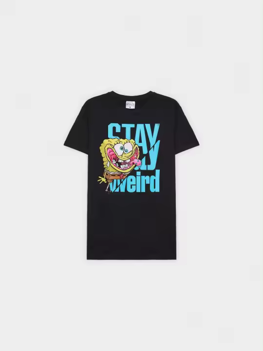 Camiseta negra de manga corta y cuello redondo con estampado de licencia de Bob Esponja INSIDE - 1