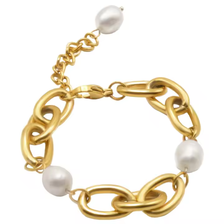 GOLDENCAT Cadena de Perlas de Acero de Eslabón Grande con Perlas, Pulsera para Mujer, Longitud Extendida de 24.5 cm, Acero Inoxidable, 14k - 1