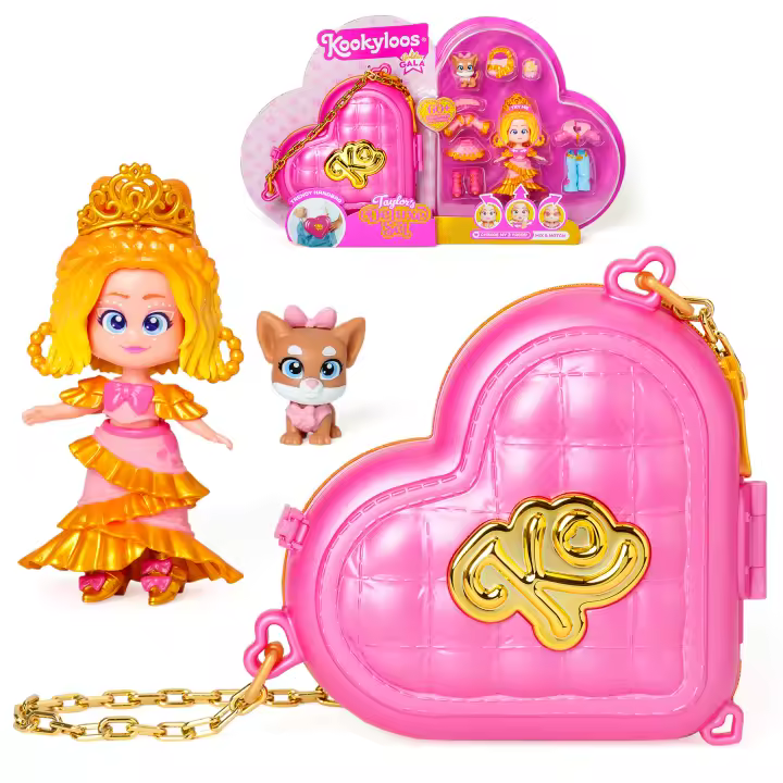 KOOKYLOOS Serie Golden Gala CHLOE’S o TAYLOR'S DELUXE SET – Muñeca coleccionable serie Golden Gala. Contiene 1 muñeca, 3 conjuntos de ropa, 2 pares de zapatos, 1 mascota y accesorios. Incluye 1 bolso - 1