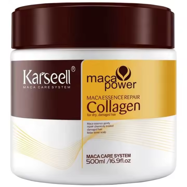 KARSEELL Mascarilla Pelo Máscara Capilar Reparación Profunda Cabello Seco y Dañado Colágeno Aceite de Argán Antifrizz Acondicionador Maca y Ácido Hialurónico Alisado Hidratación Intensa Todo Tipo de Cabello - 500 ml. - 1