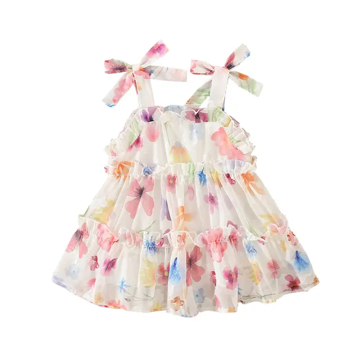 Vestido De Verano Para Niñas Chifón Fresco Con Volante Y Flores Estampadas Moda Sin Mangas A-Line Talla Verdadera Para Tamaño Normal - 1