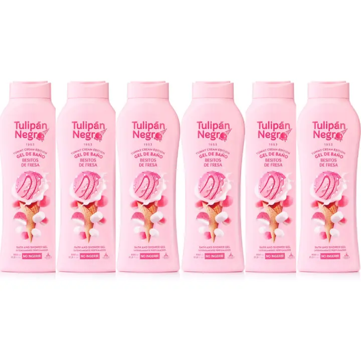 (PACK DE 6 ENVIO INCLUIDO) Gel de Baño Tulipán Negro Besitos de Fresa, 650 ml - Hidratación y Fragancia Duradera, Cuida tu Piel - 1