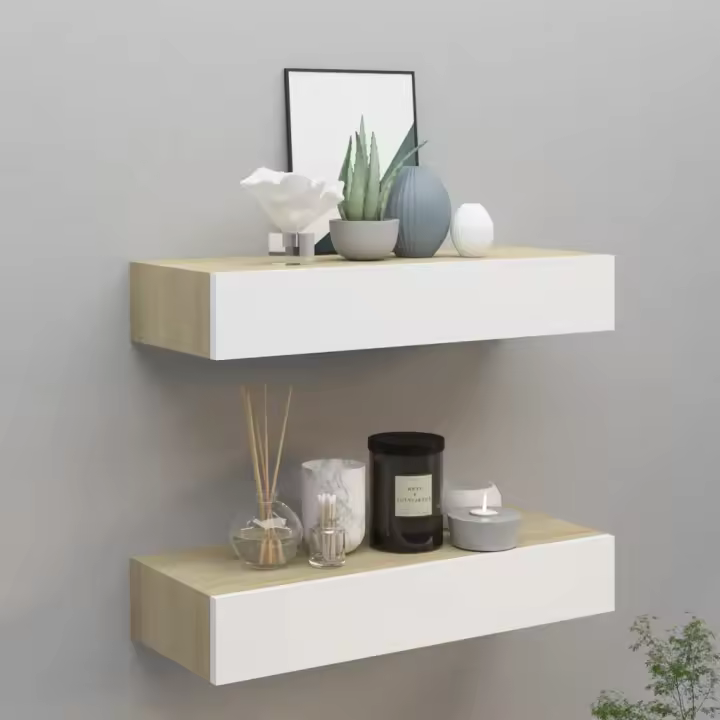 Estantes de pared con cajón 2 uds MDF roble/blanco 60x23,5x10cm - 1